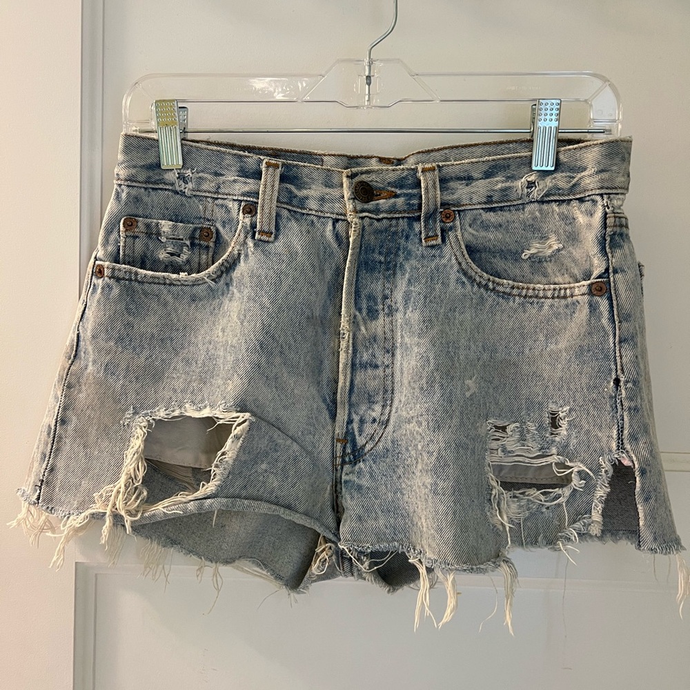 Levi's Blue Distressed Jean Shorts with Frayed Hem